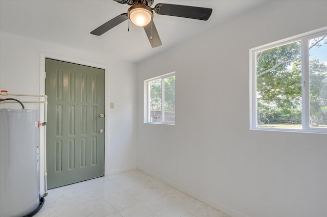 interior space featuring water heater and ceiling fan