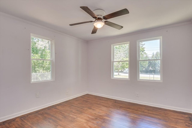 unfurnished room featuring ceiling fan, crown molding, dark wood-type flooring, and a wealth of natural light