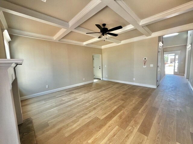 unfurnished living room featuring coffered ceiling, light wood-style flooring, and baseboards