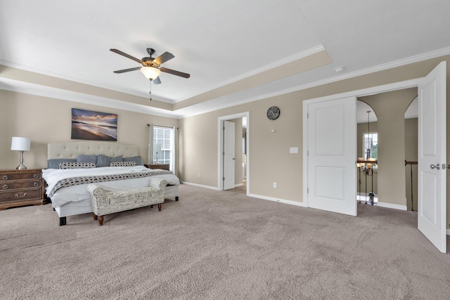 532 Bunchgrass St, Evans, GA 30809 - carpeted bedroom with a raised ceiling, ornamental molding, multiple windows, baseboards, and ceiling fan