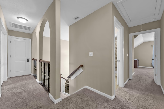 532 Bunchgrass St, Evans, GA 30809 - hallway with attic access, carpet flooring, and an upstairs landing