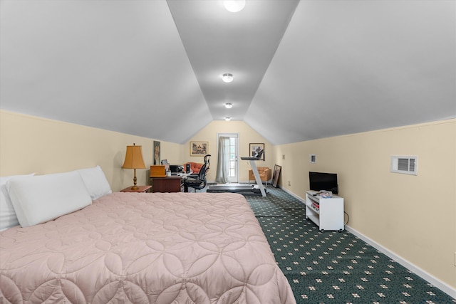 bedroom with baseboards, visible vents, lofted ceiling, and carpet flooring