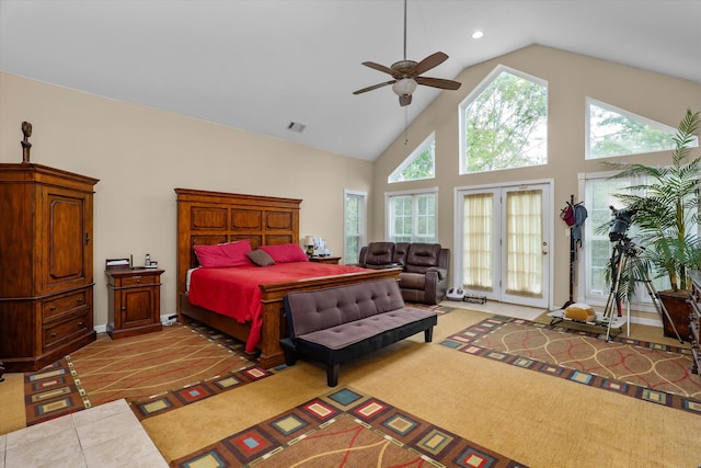 bedroom with recessed lighting, light tile patterned floors, high vaulted ceiling, a ceiling fan, and visible vents