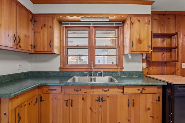 2211 Woodland Ave, Augusta, GA 30904 - kitchen featuring open shelves, dark countertops, and brown cabinets