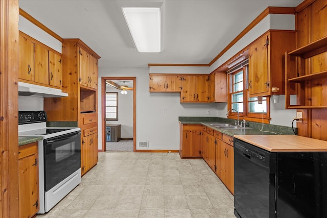 2211 Woodland Ave, Augusta, GA 30904 - kitchen featuring electric range oven, under cabinet range hood, black dishwasher, open shelves, and healthy amount of natural light