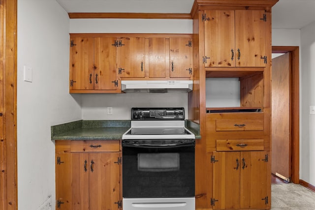 2211 Woodland Ave, Augusta, GA 30904 - kitchen featuring range with electric cooktop, under cabinet range hood, brown cabinets, and dark countertops