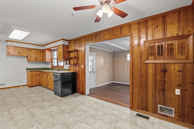 2211 Woodland Ave, Augusta, GA 30904 - kitchen featuring wooden walls, black dishwasher, open shelves, ornamental molding, and a ceiling fan