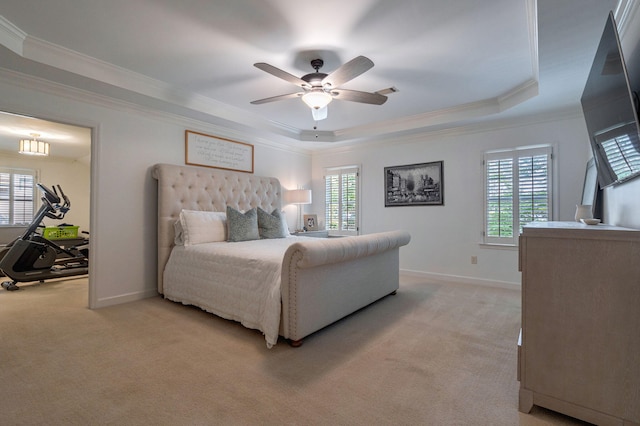 3665 Bay Point Ct, Martinez, GA 30907 - bedroom featuring light colored carpet, multiple windows, crown molding, a tray ceiling, and a ceiling fan
