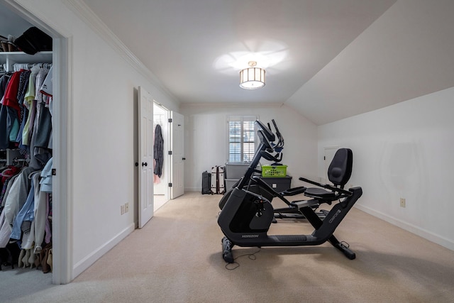 3665 Bay Point Ct, Martinez, GA 30907 - exercise area featuring light carpet, ornamental molding, and lofted ceiling