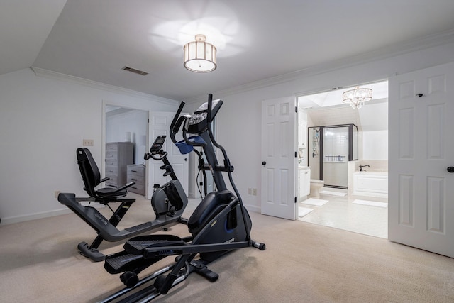 3665 Bay Point Ct, Martinez, GA 30907 - exercise room featuring ornamental molding, light colored carpet, and a chandelier
