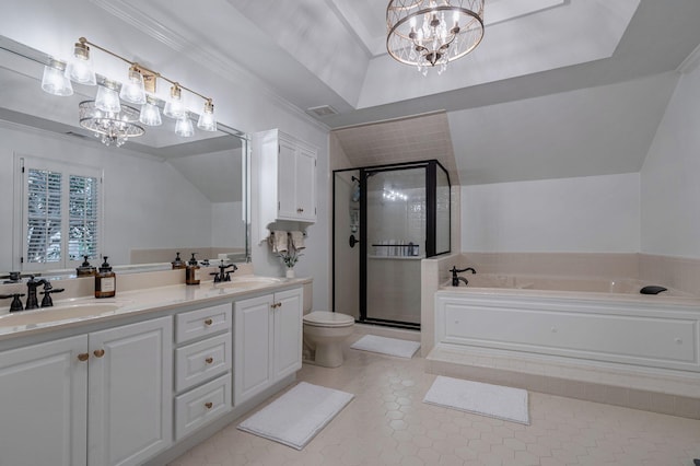 3665 Bay Point Ct, Martinez, GA 30907 - bathroom featuring a chandelier, a garden tub, a stall shower, double vanity, and vaulted ceiling