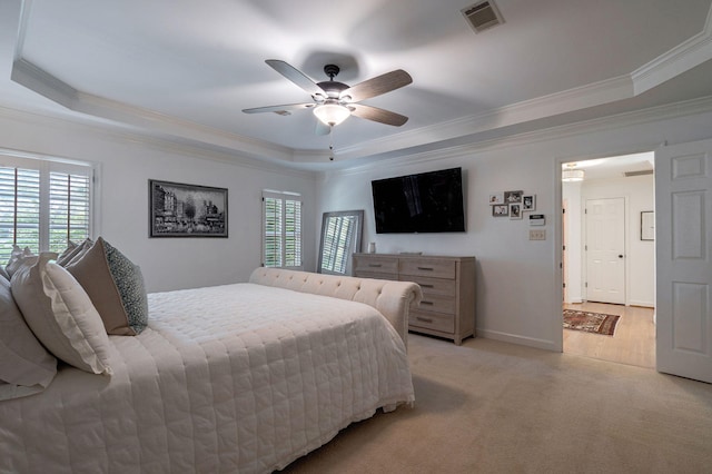 3665 Bay Point Ct, Martinez, GA 30907 - bedroom featuring a raised ceiling, crown molding, light carpet, and ceiling fan