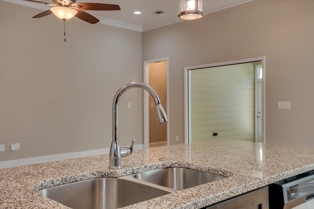 room details featuring crown molding, visible vents, a sink, and light stone counters