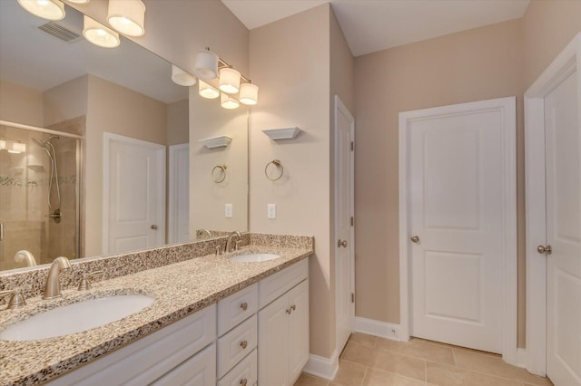 full bathroom featuring a stall shower, visible vents, a sink, and tile patterned floors