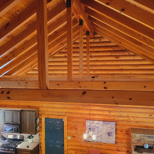 2946 Upper Mill Rd, Mccormick, SC 29835 - detailed view of appliances with stainless steel finishes, beam ceiling, a sauna / steam room, decorative light fixtures, and rustic walls