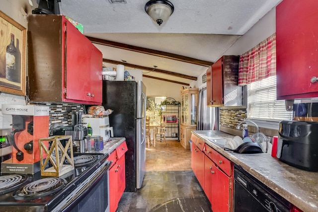 kitchen featuring vaulted ceiling with beams, decorative backsplash, sink, stainless steel refrigerator, and black dishwasher