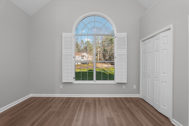 unfurnished room with high vaulted ceiling and hardwood / wood-style flooring