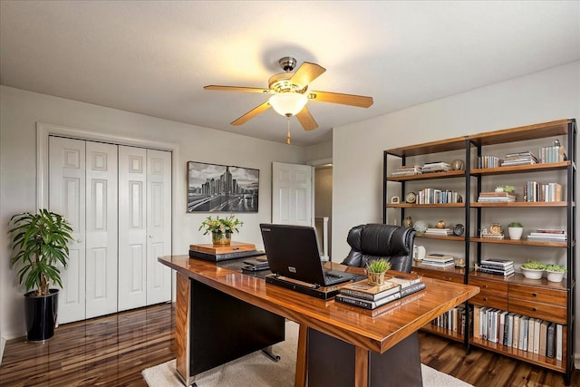 office area with ceiling fan and dark wood-type flooring