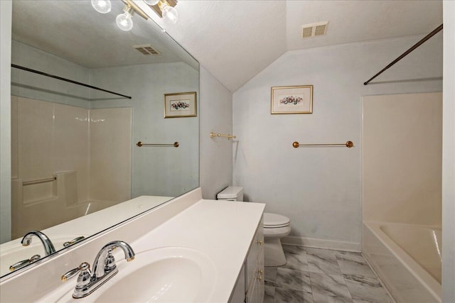 full bathroom featuring toilet, marble finish floors, vanity, lofted ceiling, and shower / washtub combination