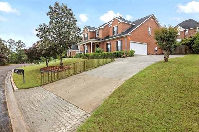 traditional-style home featuring brick siding, driveway, and an attached garage