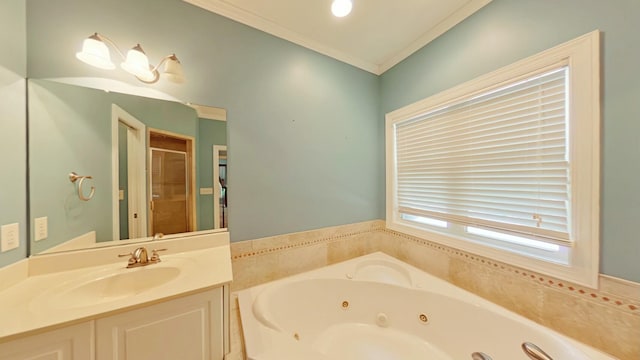 bathroom featuring vanity, independent shower and bath, and ornamental molding