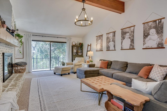 living area with a chandelier, a fireplace, vaulted ceiling with beams, and carpet floors