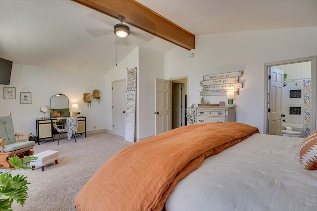 bedroom with baseboards, ceiling fan, vaulted ceiling with beams, and carpet