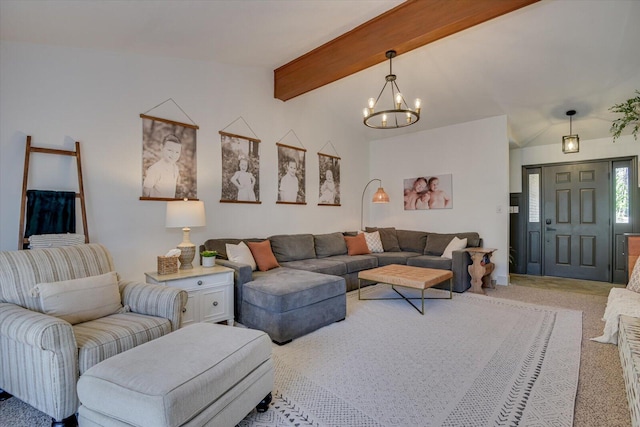 living area with light colored carpet, a notable chandelier, and vaulted ceiling with beams