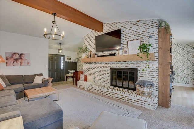 carpeted living area with a glass covered fireplace, a notable chandelier, and vaulted ceiling with beams