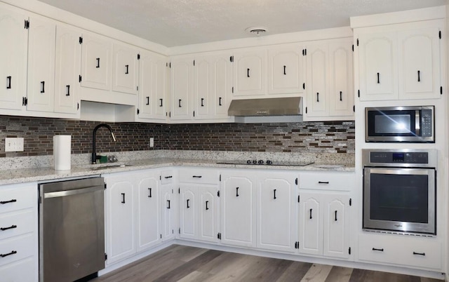 kitchen featuring under cabinet range hood, light stone counters, a sink, appliances with stainless steel finishes, and dark wood-style flooring