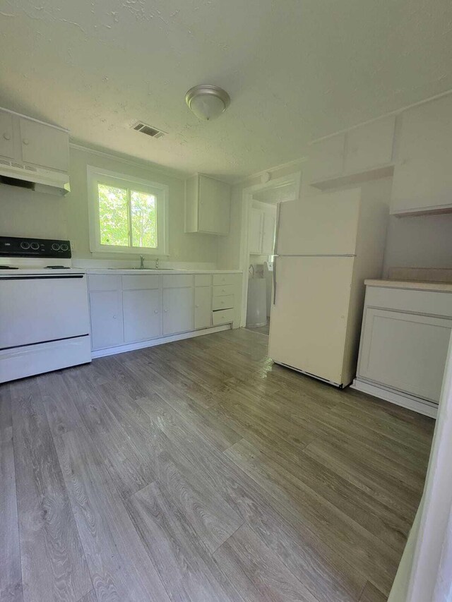 kitchen with white cabinetry, white appliances, sink, and light hardwood / wood-style flooring