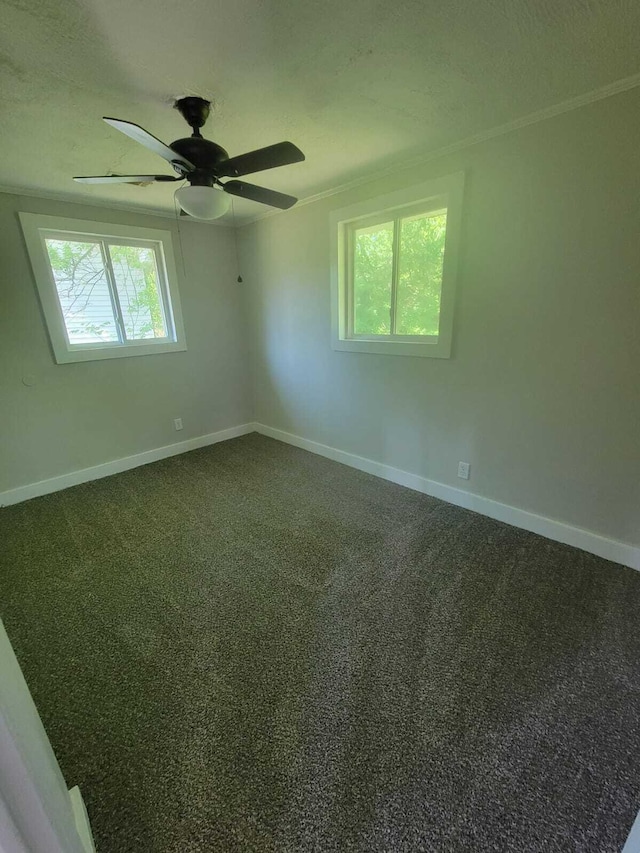 carpeted empty room with ceiling fan and crown molding