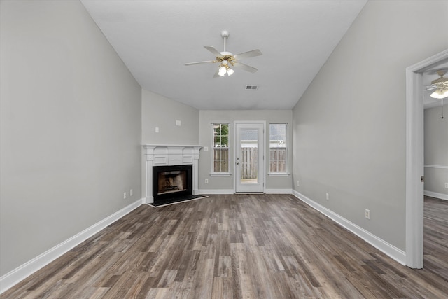 55 Charlestowne Dr, Augusta, GA 30907 - unfurnished living room with ceiling fan, dark wood-type flooring, a premium fireplace, and lofted ceiling