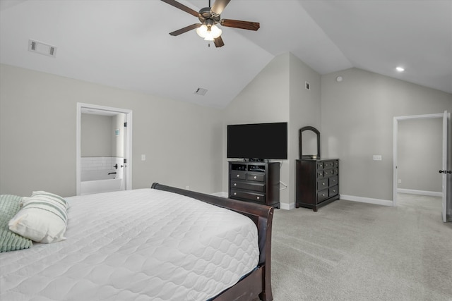 bedroom featuring lofted ceiling, ceiling fan, light carpet, visible vents, and baseboards