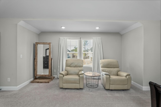 sitting room with carpet floors, recessed lighting, and baseboards