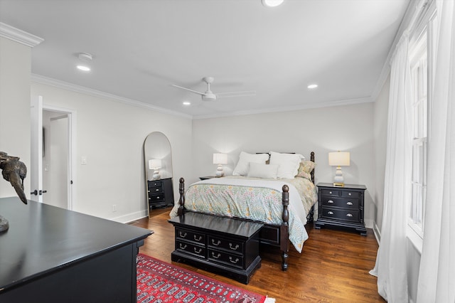 bedroom featuring baseboards, ornamental molding, recessed lighting, and wood finished floors