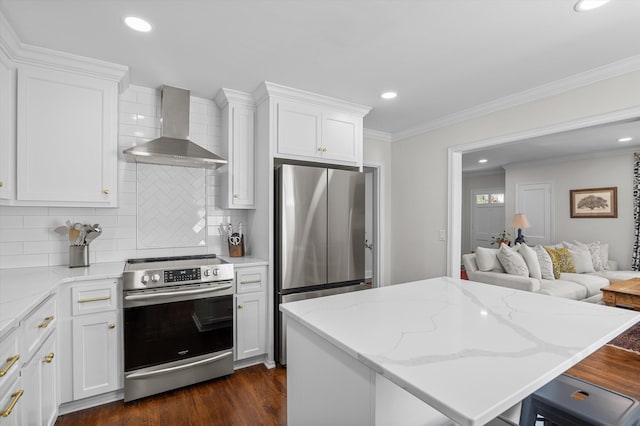 kitchen featuring tasteful backsplash, dark wood finished floors, open floor plan, stainless steel appliances, and wall chimney exhaust hood