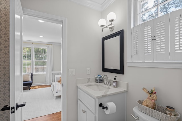 bathroom with vanity, ornamental molding, wood finished floors, and toilet