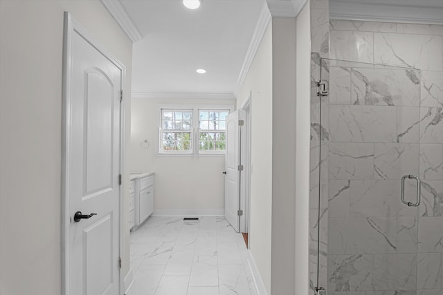 bathroom featuring ornamental molding, marble finish floor, baseboards, recessed lighting, and a shower stall