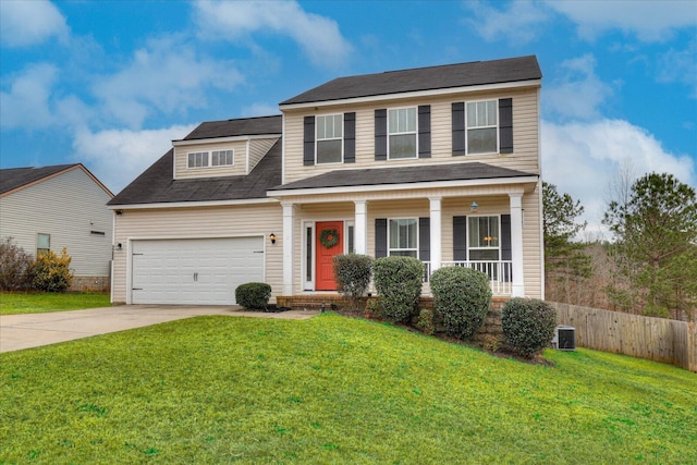 view of front of home featuring a porch, cooling unit, a front lawn, and a garage