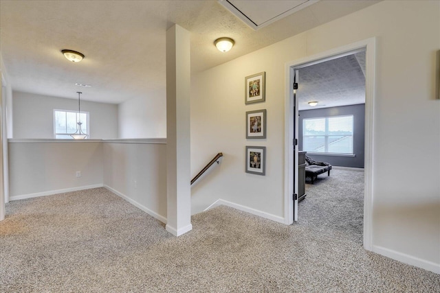 hall featuring a textured ceiling, a wealth of natural light, and light colored carpet