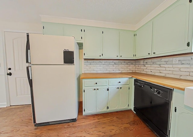 5850 Jaime Dr, Grovetown, GA 30813 - kitchen featuring freestanding refrigerator, dishwasher, wooden counters, light wood-type flooring, and green cabinets