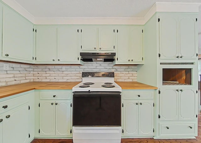 5850 Jaime Dr, Grovetown, GA 30813 - kitchen featuring electric range, under cabinet range hood, backsplash, and wood counters