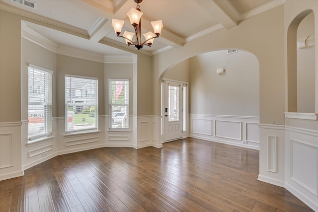 336 Shell Brooke Way, Lexington, SC 29073 - empty room featuring arched walkways, plenty of natural light, beam ceiling, a chandelier, and coffered ceiling