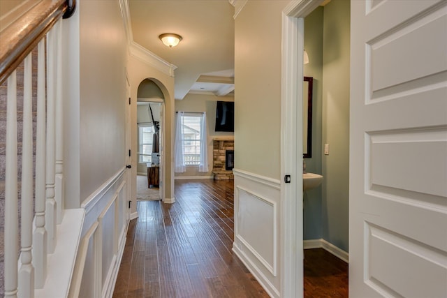 336 Shell Brooke Way, Lexington, SC 29073 - foyer with ornamental molding, dark wood-type flooring, a stone fireplace, a wainscoted wall, and a decorative wall