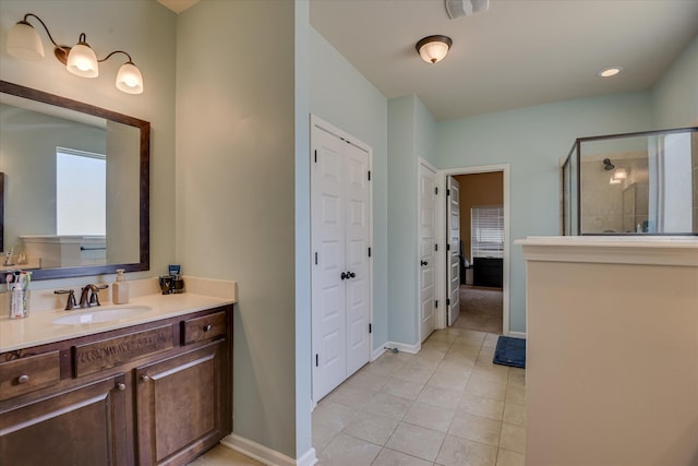 336 Shell Brooke Way, Lexington, SC 29073 - full bathroom featuring a shower stall, vanity, tile patterned flooring, and baseboards