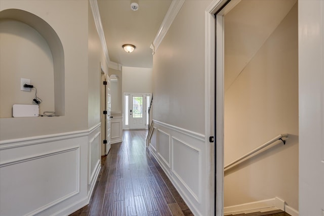 336 Shell Brooke Way, Lexington, SC 29073 - corridor with crown molding, a decorative wall, wainscoting, and dark wood-style flooring
