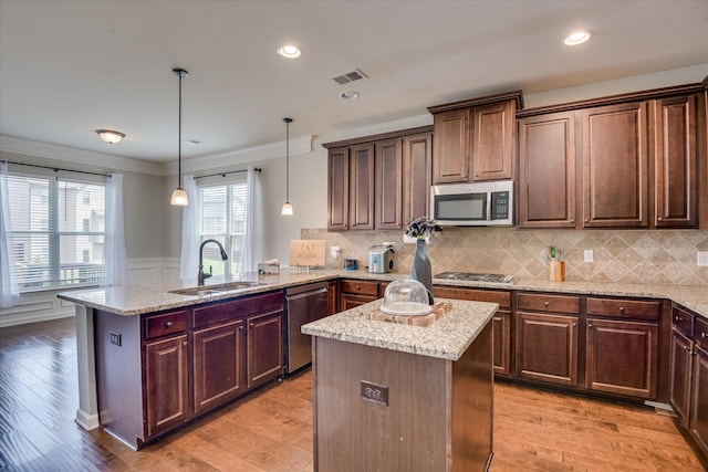 336 Shell Brooke Way, Lexington, SC 29073 - kitchen with a sink, stainless steel appliances, a peninsula, crown molding, and a wainscoted wall