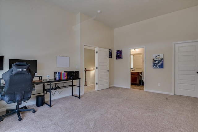 336 Shell Brooke Way, Lexington, SC 29073 - carpeted home office featuring high vaulted ceiling and baseboards