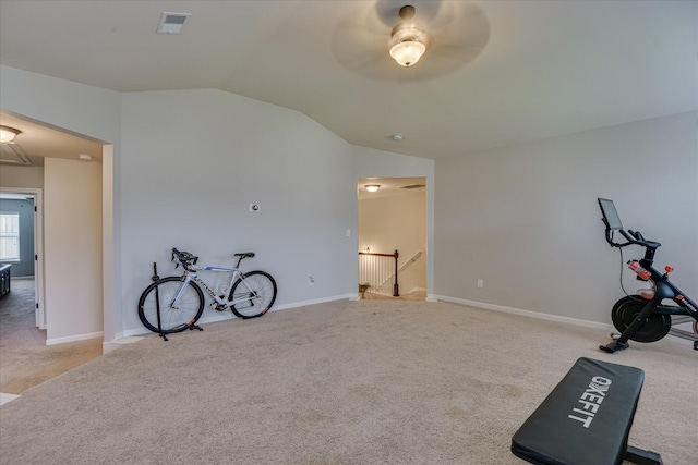 336 Shell Brooke Way, Lexington, SC 29073 - workout area featuring lofted ceiling, carpet, a ceiling fan, and baseboards
